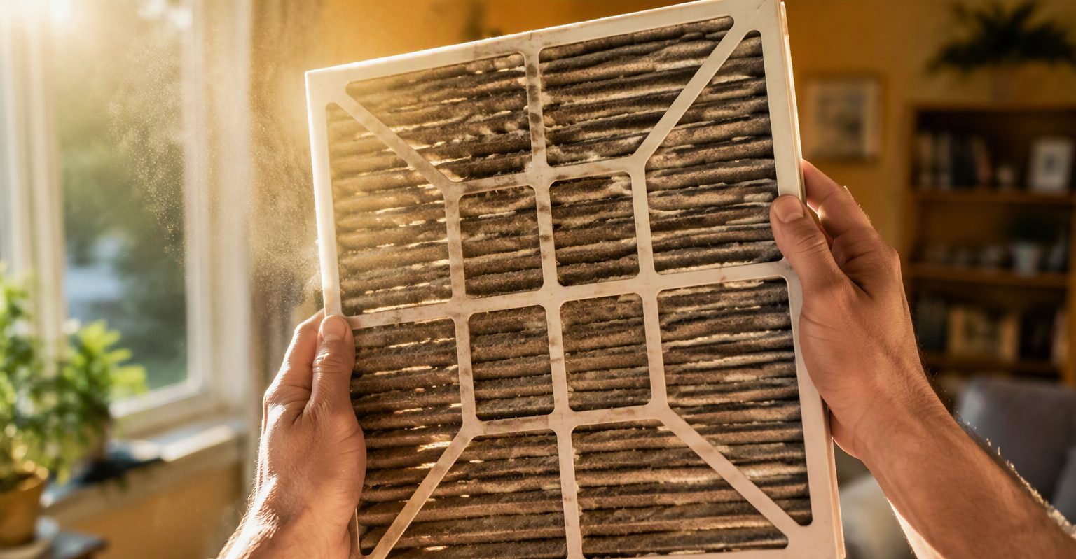 Hands holding a dust-loaded AC filter up to the light