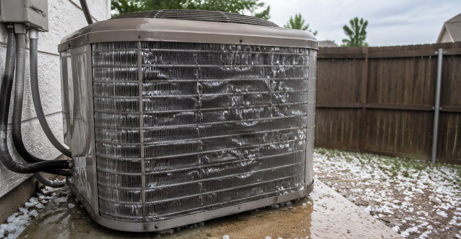 Hail-dented condenser fins on an outdoor unit after a Kansas storm