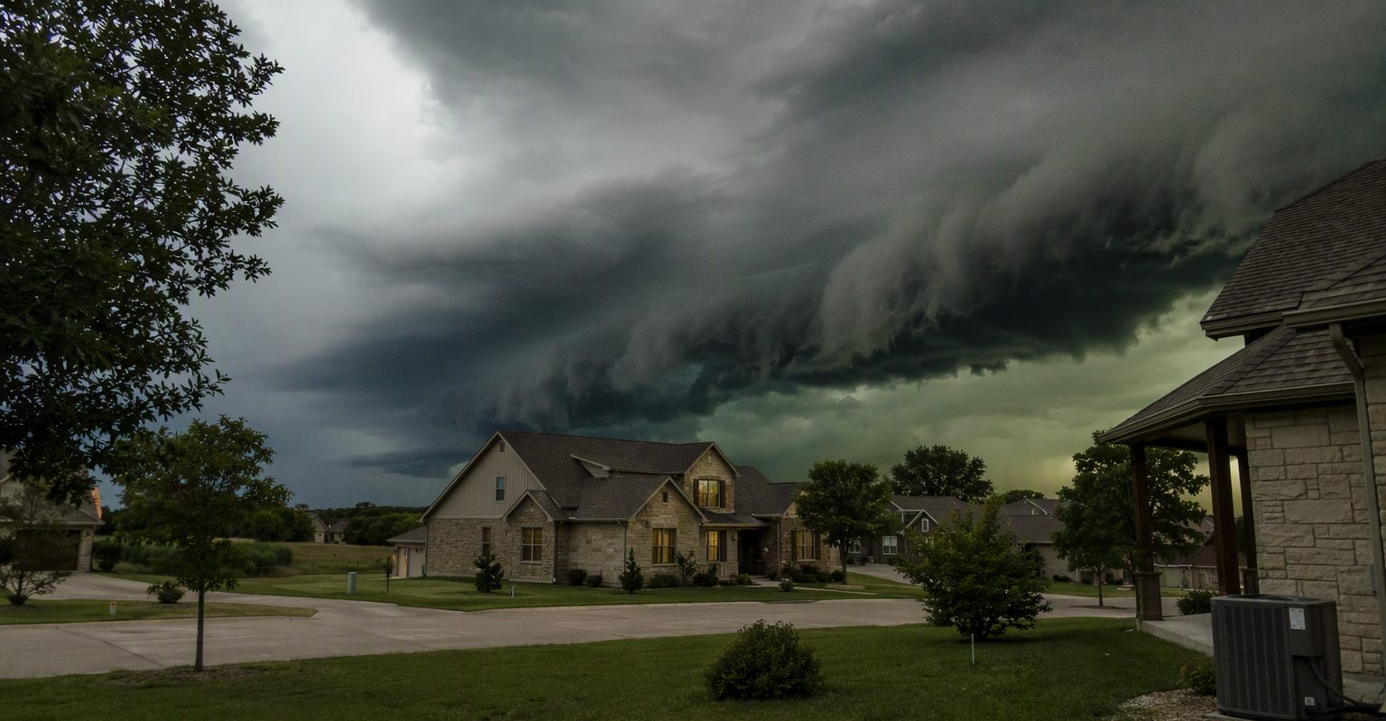 Dark storm shelf cloud over a Lawrence Kansas neighborhood with an outdoor AC condenser in a backyard