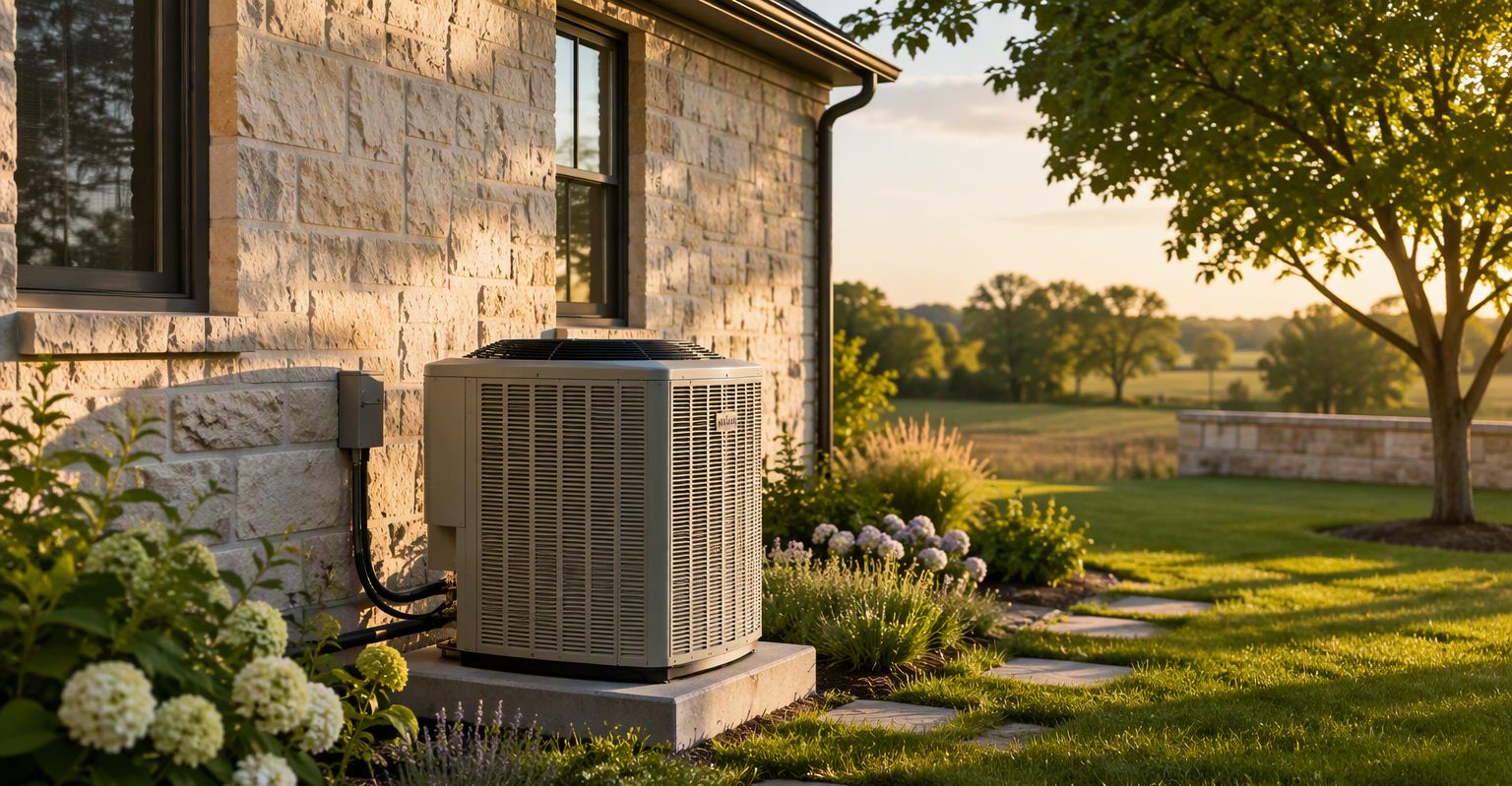 Kansas limestone home at golden hour with a serviced condenser